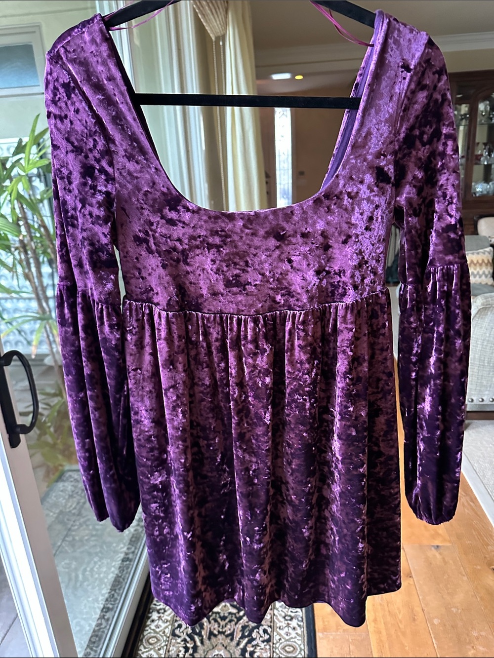 Free People Velvet Long Sleeve Babydoll Dress in Deep Purple